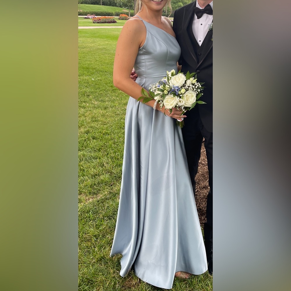 David’s Bridal one shoulder satin a-line long bridesmaid dress